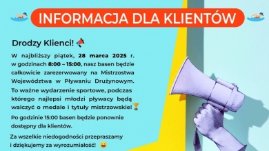 28 marca 2025 w godzinach 8:00-15:00 basen bedzię zarezerwowany